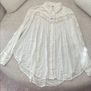 Free People White Button Down Shirt with Lace Detail